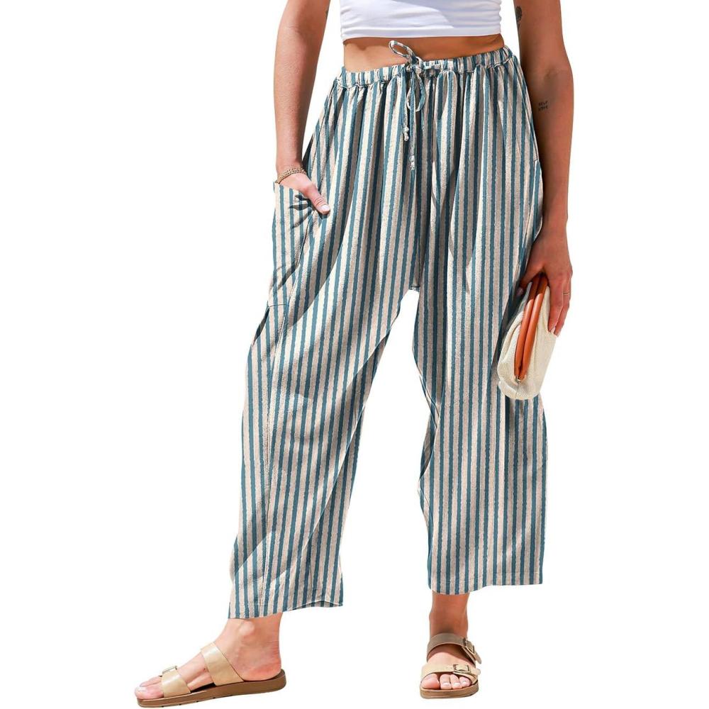 image:imageTARSE Womens Linen Wide Leg Pants Casual Loose Drawstring Summer 2026 Beach Travel Vacation Palazzo Harem Pants with PocketsStripe Blue Beige