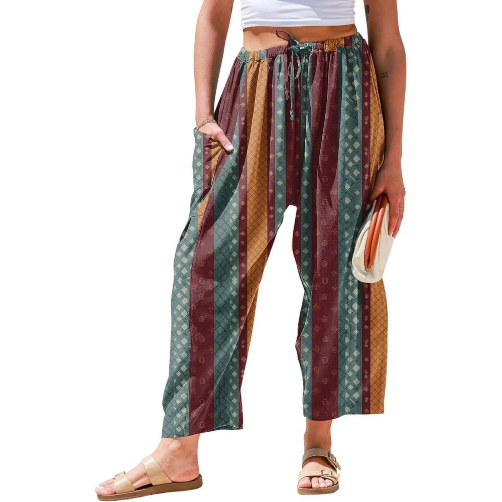 image:imageTARSE Womens Linen Wide Leg Pants Casual Loose Drawstring Summer 2026 Beach Travel Vacation Palazzo Harem Pants with PocketsStripe Colorful