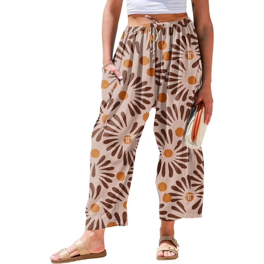 image:imageTARSE Womens Linen Wide Leg Pants Casual Loose Drawstring Summer 2026 Beach Travel Vacation Palazzo Harem Pants with PocketsSun Floral
