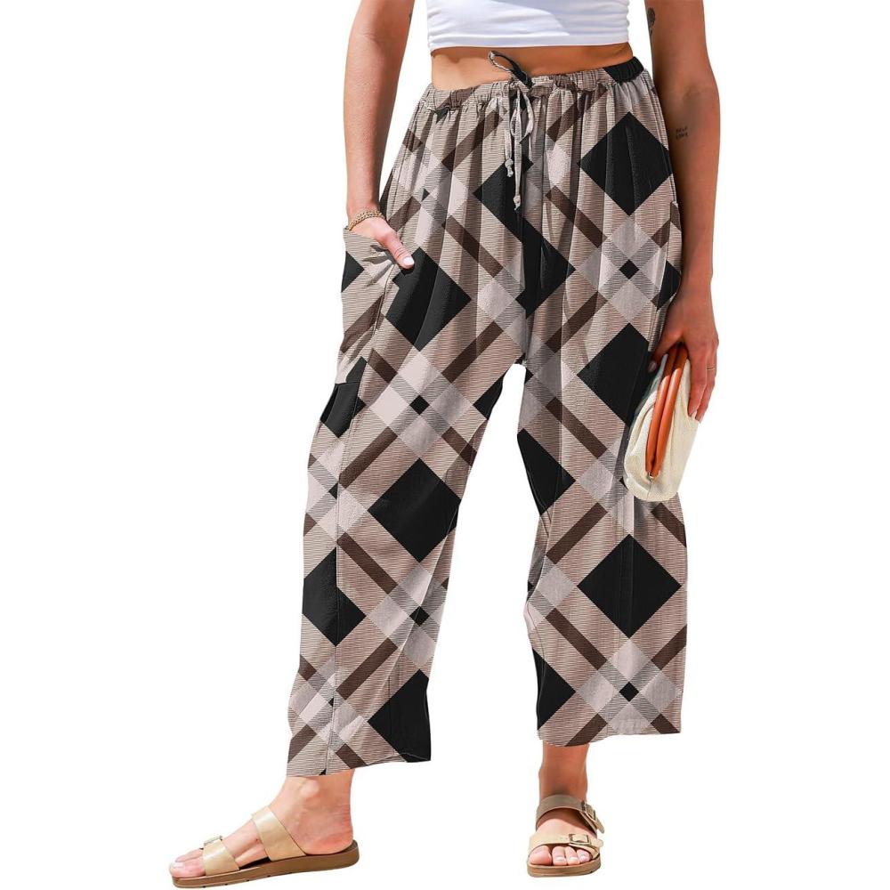 image:imageTARSE Womens Linen Wide Leg Pants Casual Loose Drawstring Summer 2026 Beach Travel Vacation Palazzo Harem Pants with PocketsTwill Flange Black Beige
