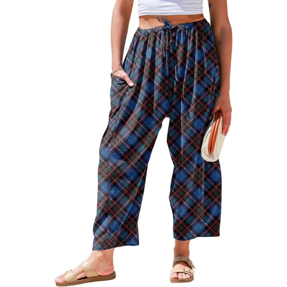image:imageTARSE Womens Linen Wide Leg Pants Casual Loose Drawstring Summer 2026 Beach Travel Vacation Palazzo Harem Pants with PocketsTwill Flange Blue Red