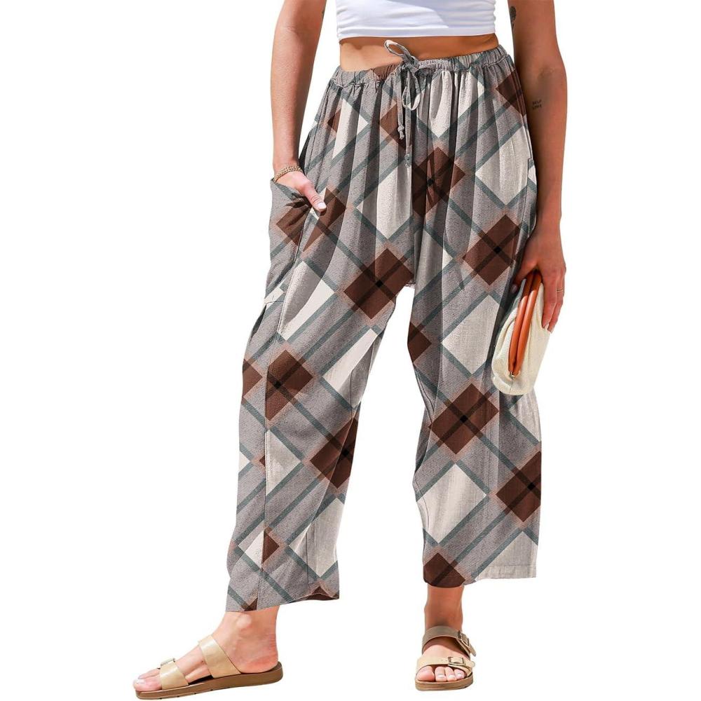 image:imageTARSE Womens Linen Wide Leg Pants Casual Loose Drawstring Summer 2026 Beach Travel Vacation Palazzo Harem Pants with PocketsTwill Flange Distress Coffeewhite