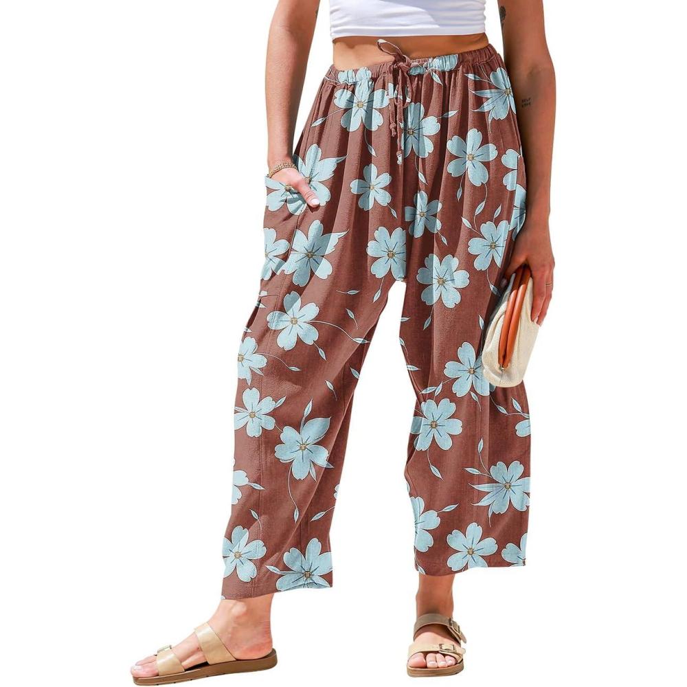 image:imageTARSE Womens Linen Wide Leg Pants Casual Loose Drawstring Summer 2026 Beach Travel Vacation Palazzo Harem Pants with PocketsWine Blue Floral