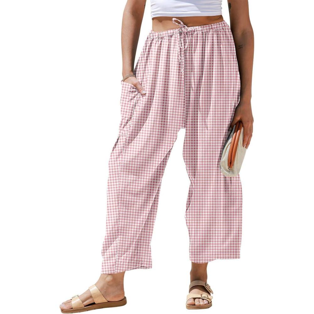 image:imageTARSE Womens Linen Wide Leg Striped Pants Casual Barrel Loose Drawstring Low Waist Palazzo Harem Pants with PocketsBean Paste White Plaid