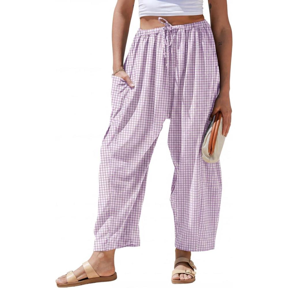 image:imageTARSE Womens Linen Wide Leg Striped Pants Casual Barrel Loose Drawstring Low Waist Palazzo Harem Pants with PocketsLight Purple White Plaid