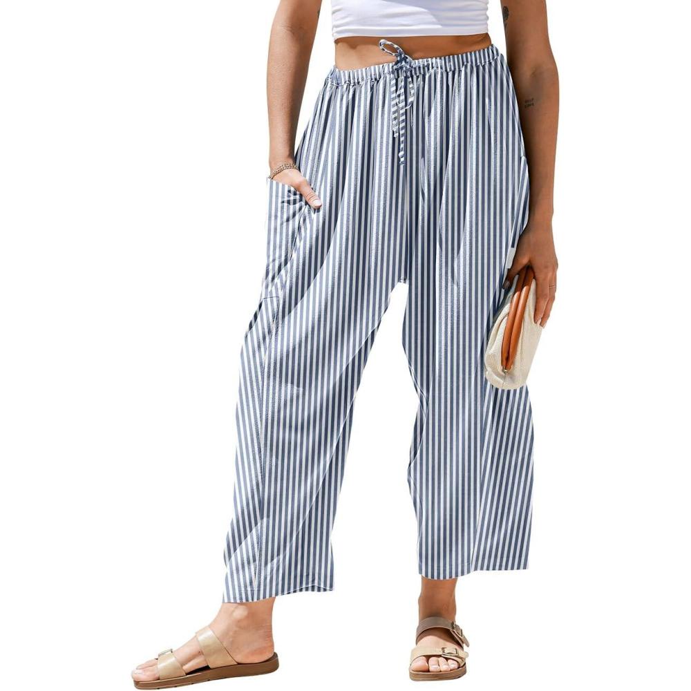image:imageTARSE Womens Linen Wide Leg Striped Pants Casual Barrel Loose Drawstring Low Waist Palazzo Harem Pants with PocketsNavy Stripe