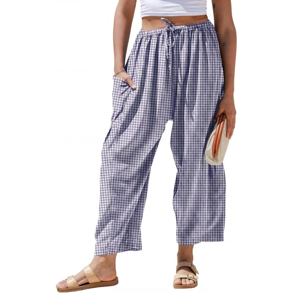 image:imageTARSE Womens Linen Wide Leg Striped Pants Casual Barrel Loose Drawstring Low Waist Palazzo Harem Pants with PocketsPurple White Plaid