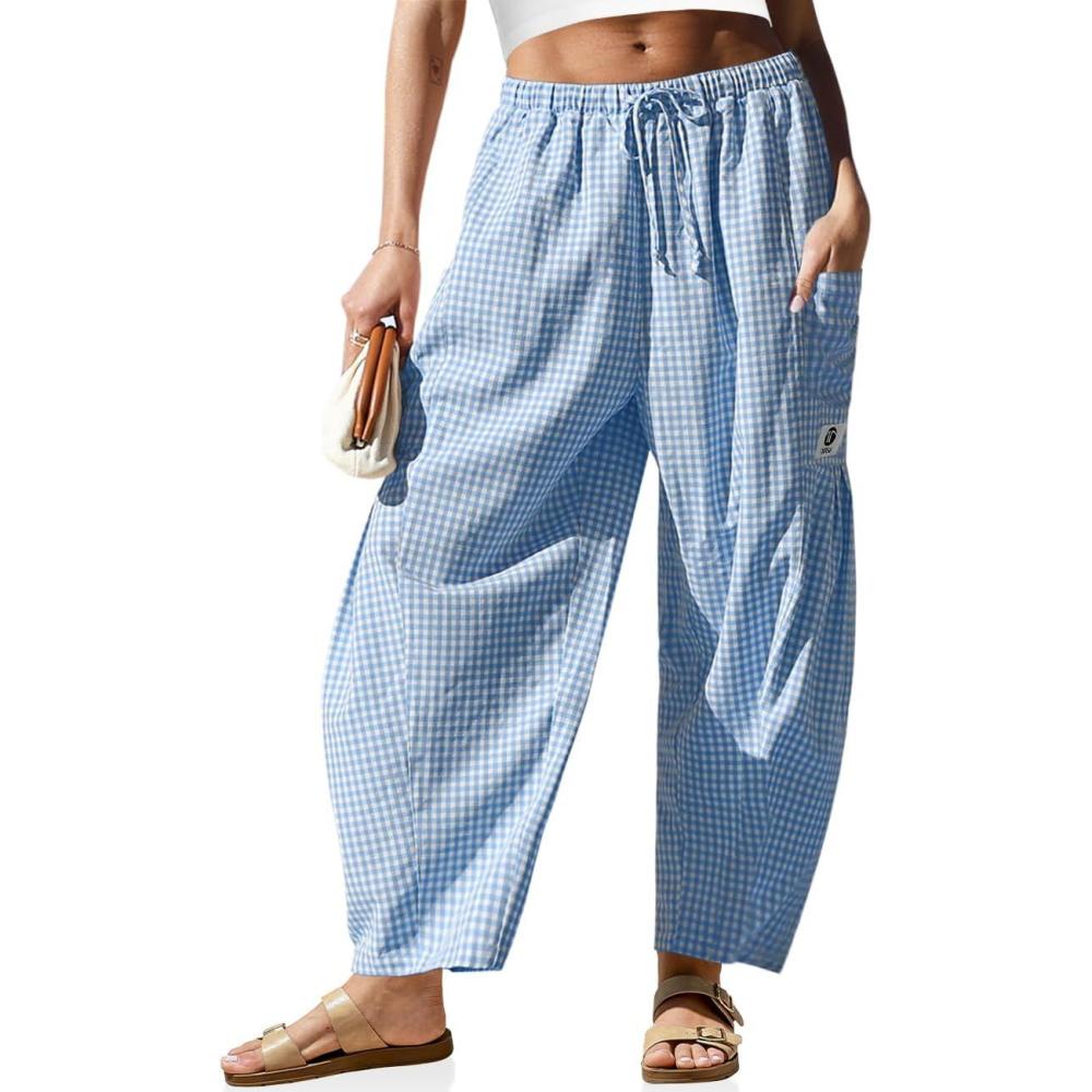 image:imageTARSE Womens Linen Wide Leg Striped Pants Casual Barrel Loose Drawstring Low Waist Palazzo Harem Pants with PocketsWater Blue White Plaid