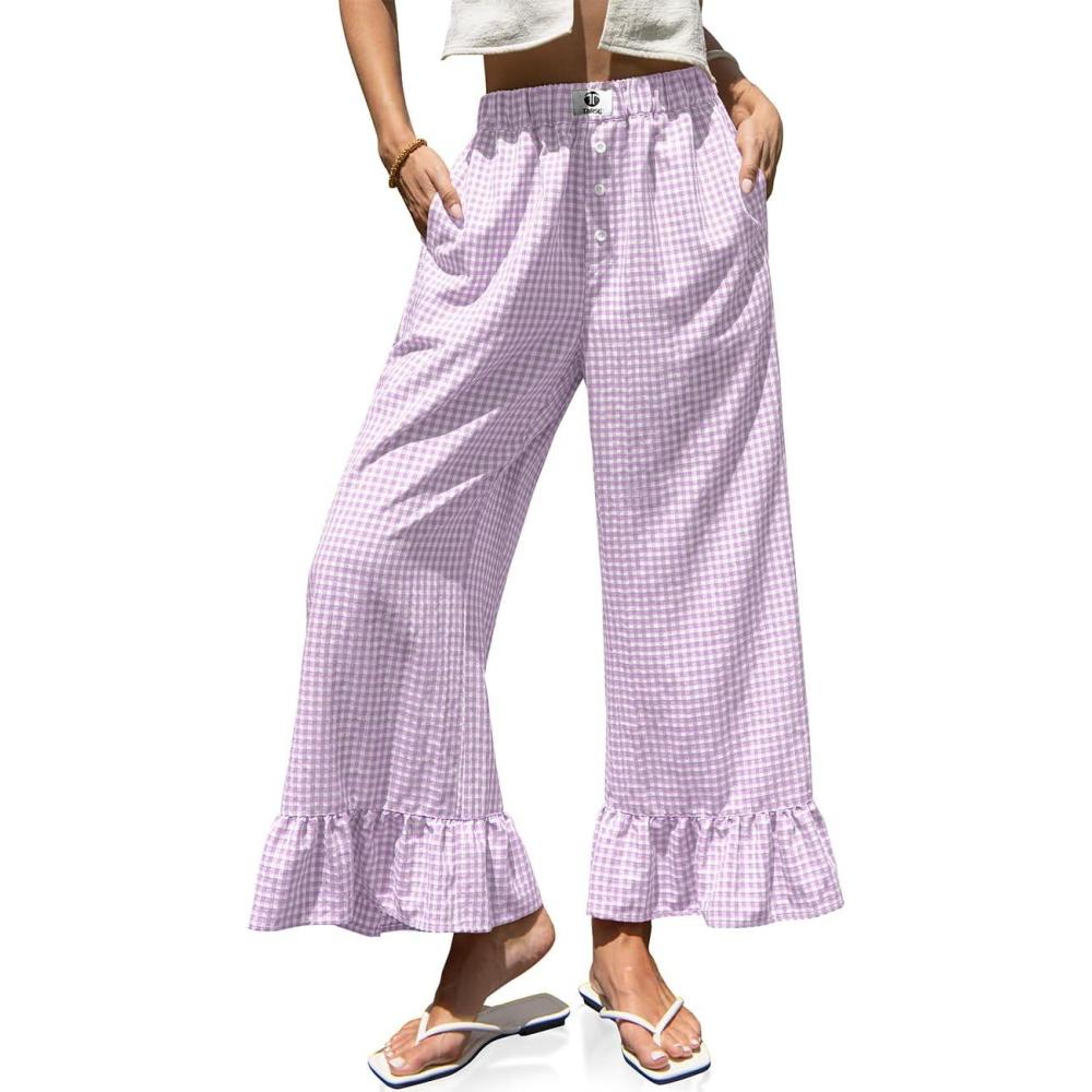 image:imageTARSE Womens Plaid Wide Leg Pants Flared Leg Baggy Drawstring Ruffle Palazzo Pants with PocketsLight Purple White Plaid