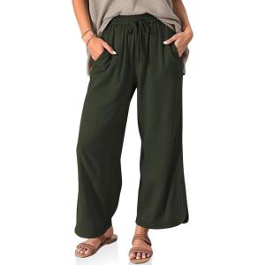 TARSE Women Linen Wide Leg Pants Casual Loose Drawstring Summer Beach Travel Vacation Palazzo Pants with Pockets(Army Green)