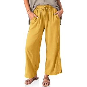 TARSE Women Linen Wide Leg Pants Casual Loose Drawstring Summer Beach Travel Vacation Palazzo Pants with Pockets(Bright Yellow)