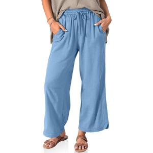 TARSE Women Linen Wide Leg Pants Casual Loose Drawstring Summer Beach Travel Vacation Palazzo Pants with Pockets(Light Blue)