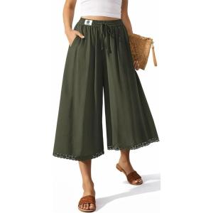 TARSE Women’s Linen Capri Pants Wide Leg Flowy Culottes Summer Casual Lightweight Elastic Waist Drawstring with Pockets(Army Green)