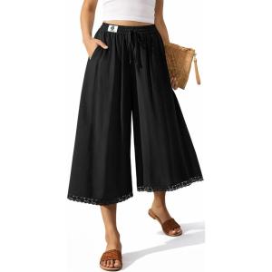 TARSE Women’s Linen Capri Pants Wide Leg Flowy Culottes Summer Casual Lightweight Elastic Waist Drawstring with Pockets(Black)