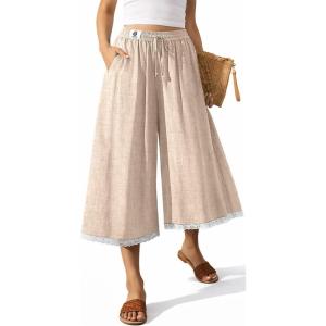 TARSE Women’s Linen Capri Pants Wide Leg Flowy Culottes Summer Casual Lightweight Elastic Waist Drawstring with Pockets(Heather Light Khaki)
