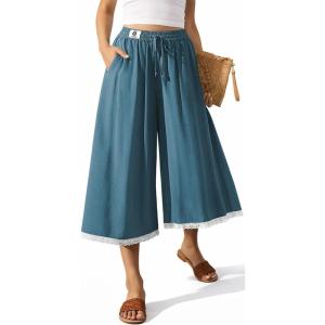 TARSE Women’s Linen Capri Pants Wide Leg Flowy Culottes Summer Casual Lightweight Elastic Waist Drawstring with Pockets(Lake Blue)