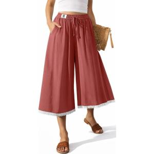 TARSE Women’s Linen Capri Pants Wide Leg Flowy Culottes Summer Casual Lightweight Elastic Waist Drawstring with Pockets(Rust Red)