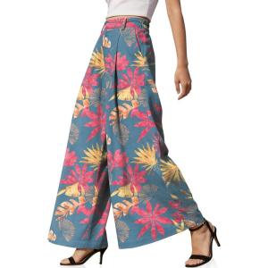 TARSE Womens Linen Palazzo Pants 2026 High Waist Wide Leg Printed Pleat Pants Woman Flowy Dressy Casual Pockets Trousers(Leafpinkblue)