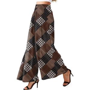 TARSE Womens Linen Palazzo Pants 2026 High Waist Wide Leg Printed Pleat Pants Woman Flowy Dressy Casual Pockets Trousers(Multitwill-flangeblackcoffee)