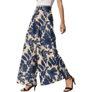TARSE Womens Linen Palazzo Pants 2026 High Waist Wide Leg Printed Pleat Pants Woman Flowy Dressy Casual Pockets Trousers(Navyleavepaint1)