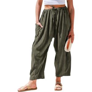 TARSE Womens Linen Wide Leg Pants Casual Loose Drawstring Summer 2026 Beach Travel Vacation Palazzo Harem Pants with Pockets(Black Green Striped)