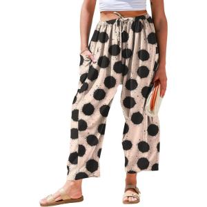 TARSE Womens Linen Wide Leg Pants Casual Loose Drawstring Summer 2026 Beach Travel Vacation Palazzo Harem Pants with Pockets(Dotv Black)