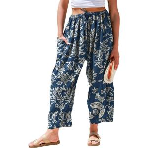 TARSE Womens Linen Wide Leg Pants Casual Loose Drawstring Summer 2026 Beach Travel Vacation Palazzo Harem Pants with Pockets(Flower Leave Blue)
