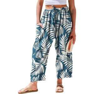 TARSE Womens Linen Wide Leg Pants Casual Loose Drawstring Summer 2026 Beach Travel Vacation Palazzo Harem Pants with Pockets(Leaf Blue White)