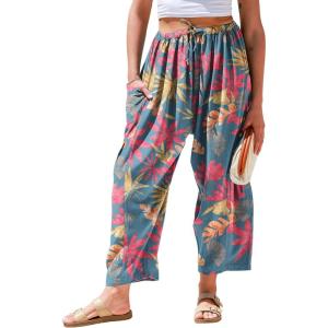 TARSE Womens Linen Wide Leg Pants Casual Loose Drawstring Summer 2026 Beach Travel Vacation Palazzo Harem Pants with Pockets(Leaf Pink Blue)