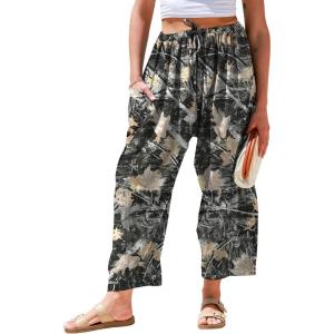 TARSE Womens Linen Wide Leg Pants Casual Loose Drawstring Summer 2026 Beach Travel Vacation Palazzo Harem Pants with Pockets(Maplelea Black)