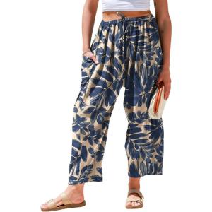 TARSE Womens Linen Wide Leg Pants Casual Loose Drawstring Summer 2026 Beach Travel Vacation Palazzo Harem Pants with Pockets(Navy Leave Paint1)