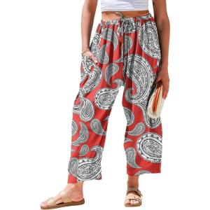 TARSE Womens Linen Wide Leg Pants Casual Loose Drawstring Summer 2026 Beach Travel Vacation Palazzo Harem Pants with Pockets(Paisley Red)