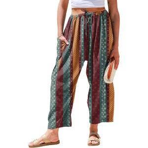 TARSE Womens Linen Wide Leg Pants Casual Loose Drawstring Summer 2026 Beach Travel Vacation Palazzo Harem Pants with Pockets(Stripe Colorful)
