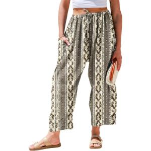 TARSE Womens Linen Wide Leg Pants Casual Loose Drawstring Summer 2026 Beach Travel Vacation Palazzo Harem Pants with Pockets(Stripe Khaki)
