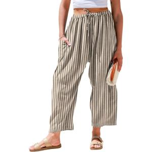 TARSE Womens Linen Wide Leg Pants Casual Loose Drawstring Summer 2026 Beach Travel Vacation Palazzo Harem Pants with Pockets(Stripe Khaki Beige)