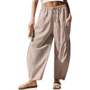 TARSE Womens Linen Wide Leg Striped Pants Casual Barrel Loose Drawstring Low Waist Palazzo Harem Pants with Pockets(Coffee White Plaid)