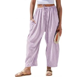 TARSE Womens Linen Wide Leg Striped Pants Casual Barrel Loose Drawstring Low Waist Palazzo Harem Pants with Pockets(Light Purple White Plaid)