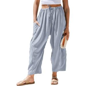 TARSE Womens Linen Wide Leg Striped Pants Casual Barrel Loose Drawstring Low Waist Palazzo Harem Pants with Pockets(Navy Stripe)