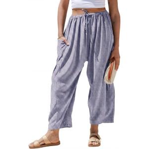 TARSE Womens Linen Wide Leg Striped Pants Casual Barrel Loose Drawstring Low Waist Palazzo Harem Pants with Pockets(Purple White Plaid)