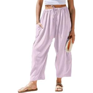 TARSE Womens Linen Wide Leg Striped Pants Casual Barrel Loose Drawstring Low Waist Palazzo Harem Pants with Pockets(Rose White Stripe)