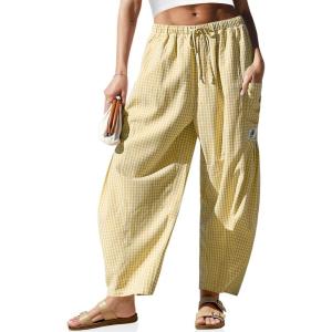 TARSE Womens Linen Wide Leg Striped Pants Casual Barrel Loose Drawstring Low Waist Palazzo Harem Pants with Pockets(Yellow White Plaid)