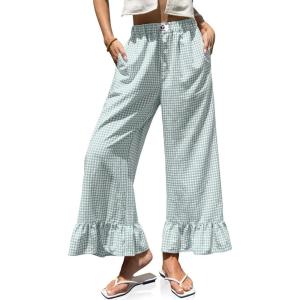 TARSE Women’s Plaid Wide Leg Pants Flared Leg Baggy Drawstring Ruffle Palazzo Pants with Pockets(Light Gray Blue Plaid)