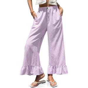 TARSE Women’s Plaid Wide Leg Pants Flared Leg Baggy Drawstring Ruffle Palazzo Pants with Pockets(Light Purple White Plaid)