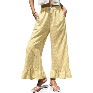TARSE Women’s Plaid Wide Leg Pants Flared Leg Baggy Drawstring Ruffle Palazzo Pants with Pockets(Yellow White Plaid)