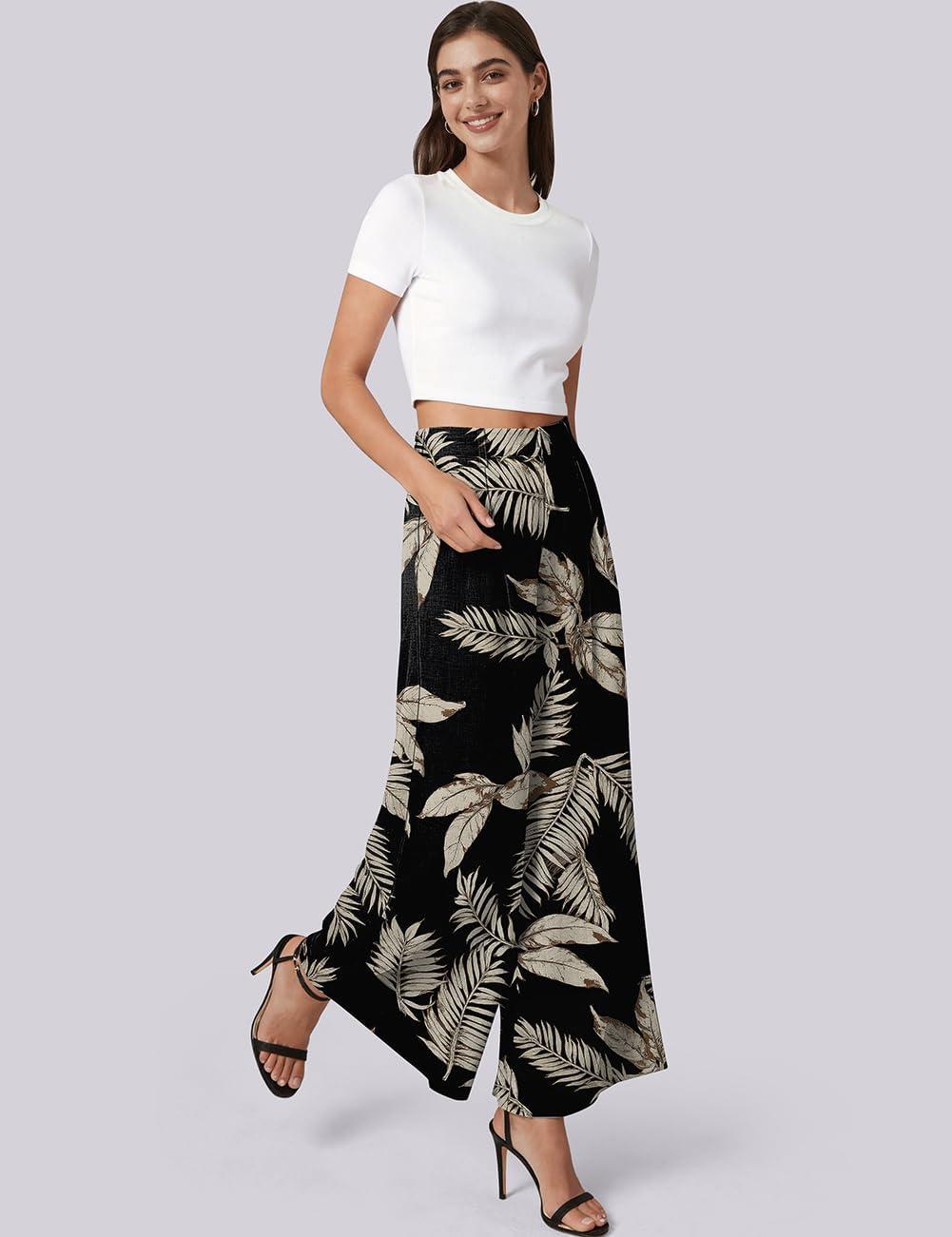 image:imageTARSE Womens High Waisted Linen Palazzo Pants 2026 Wide Leg Printed Pant Woman Flowy Work Casual Trousers with PocketsBrycoconutleave