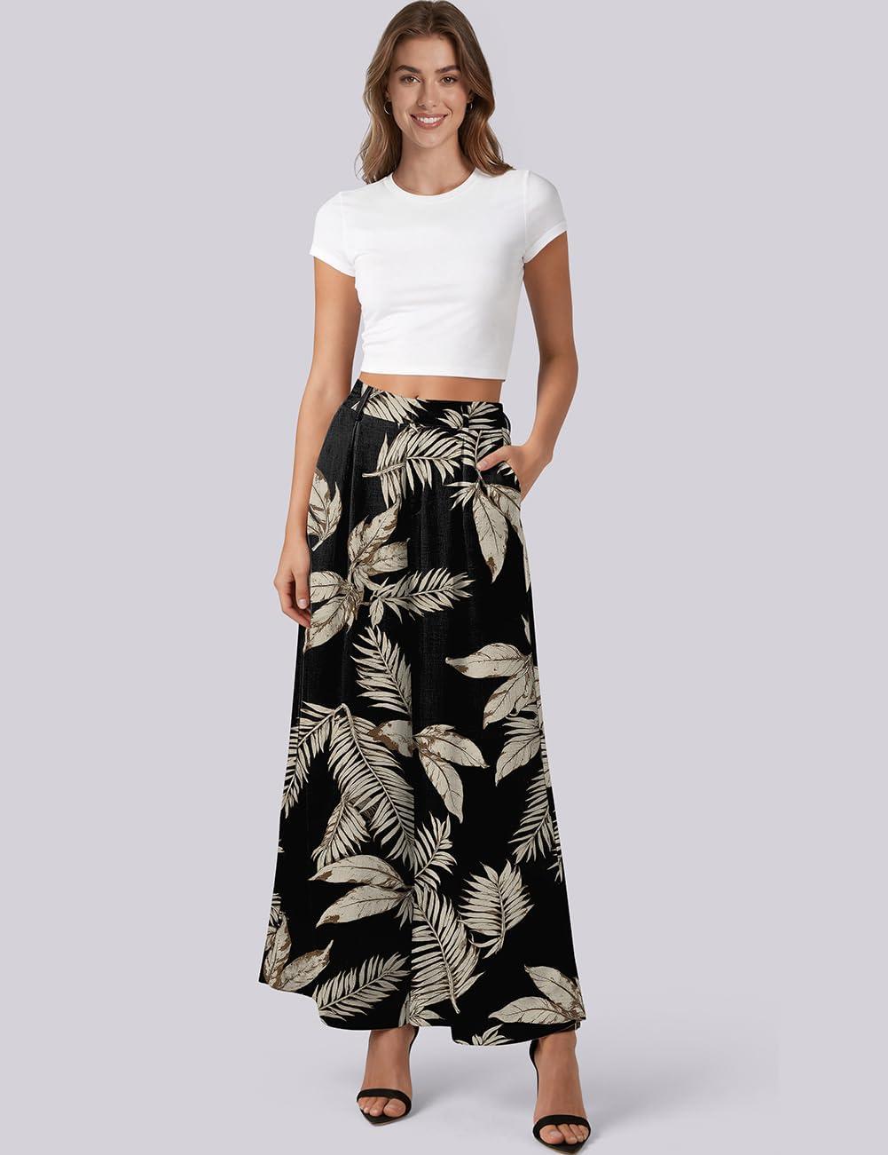image:imageTARSE Womens High Waisted Linen Palazzo Pants 2026 Wide Leg Printed Pant Woman Flowy Work Casual Trousers with PocketsBrycoconutleave