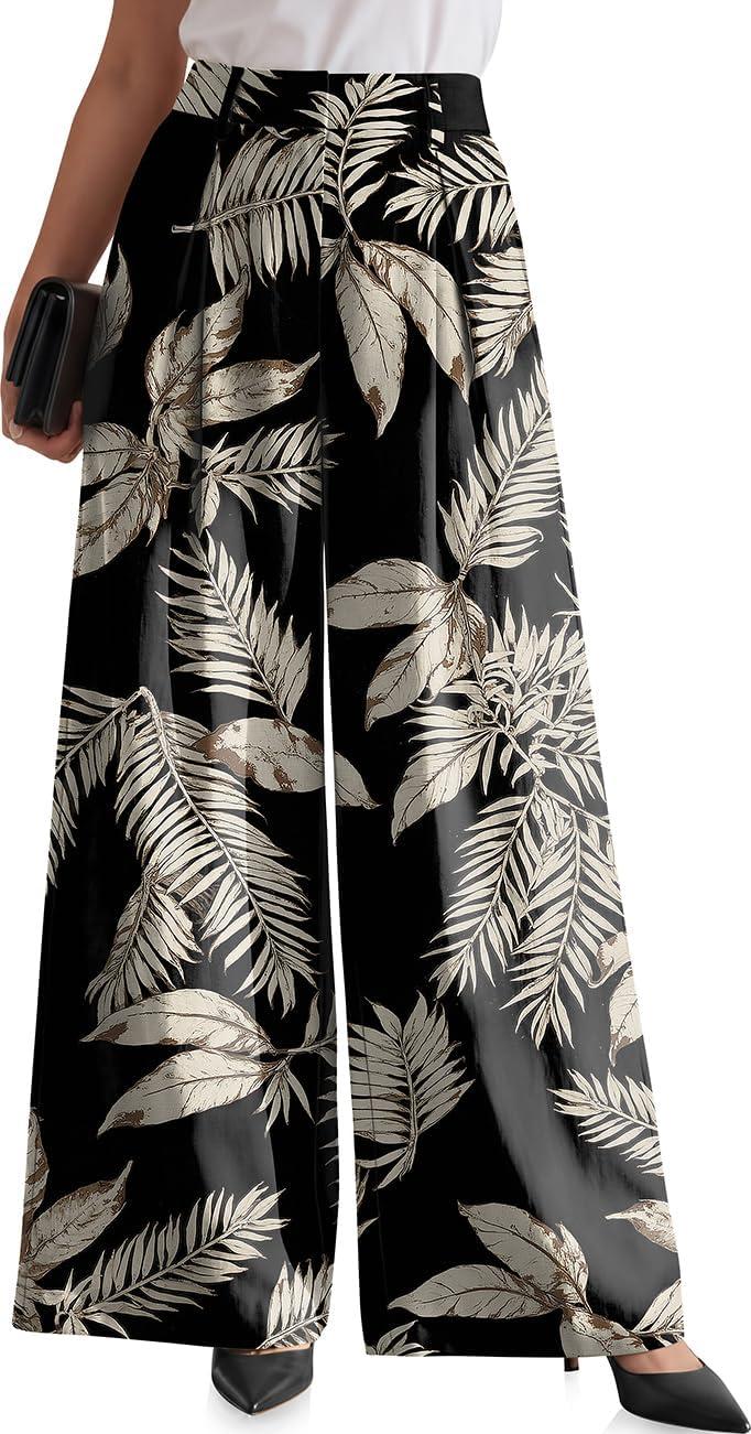 image:imageTARSE Womens High Waisted Linen Palazzo Pants 2026 Wide Leg Printed Pant Woman Flowy Work Casual Trousers with PocketsBrycoconutleave