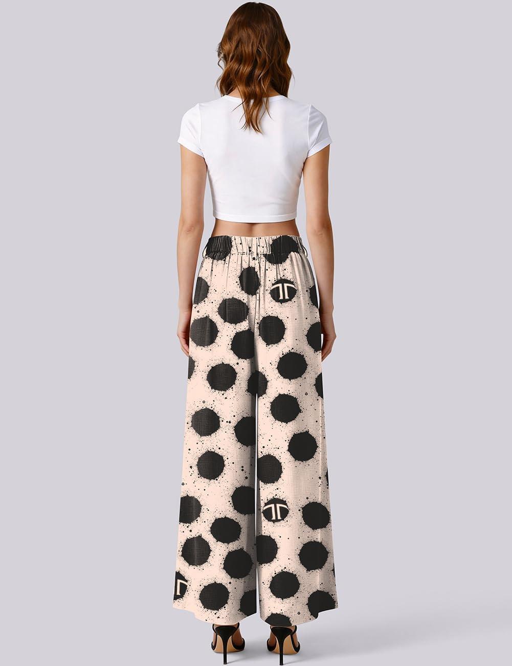 image:imageTARSE Womens High Waisted Linen Palazzo Pants 2026 Wide Leg Printed Pant Woman Flowy Work Casual Trousers with PocketsDotvblack