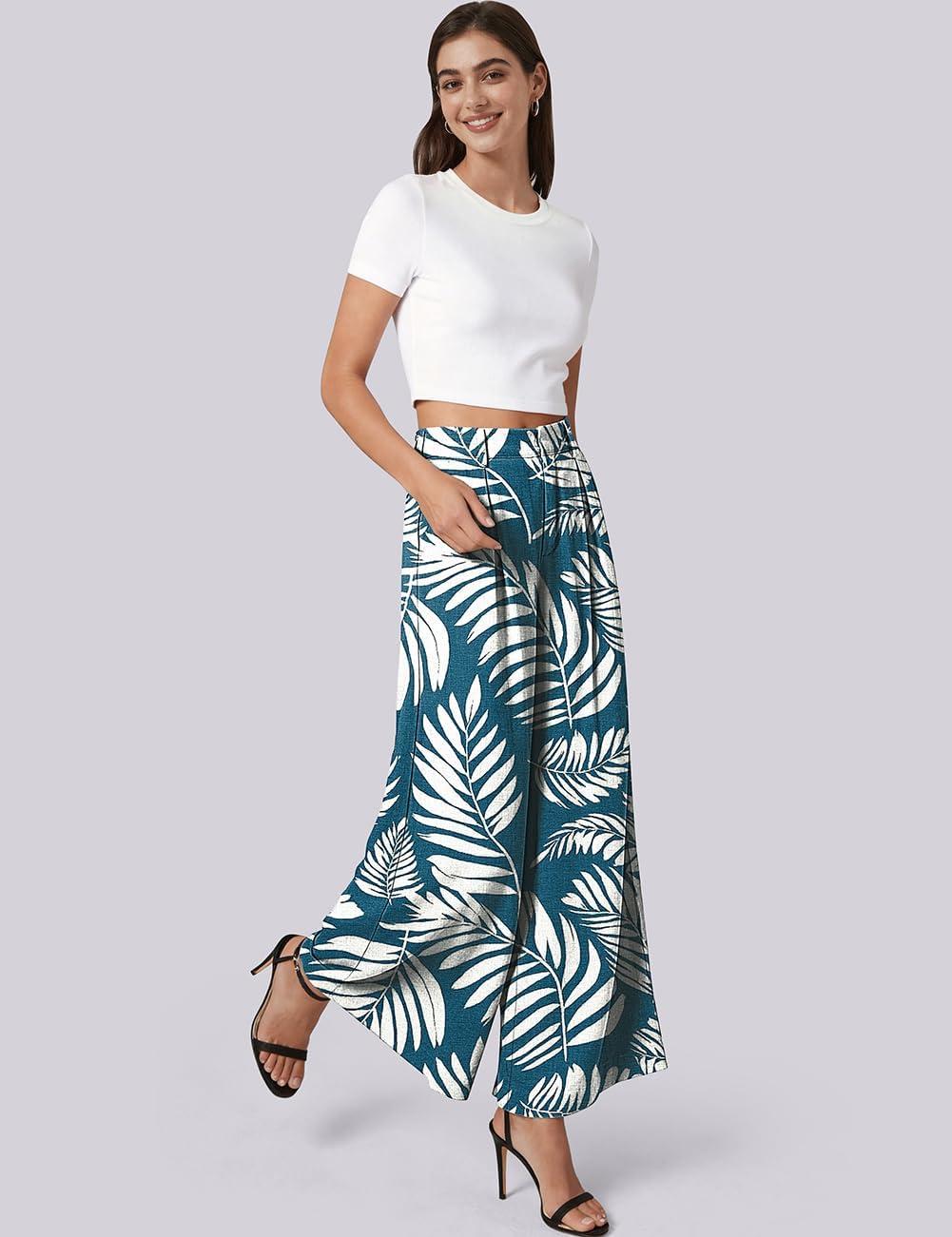 image:imageTARSE Womens High Waisted Linen Palazzo Pants 2026 Wide Leg Printed Pant Woman Flowy Work Casual Trousers with PocketsLeafbluewhite
