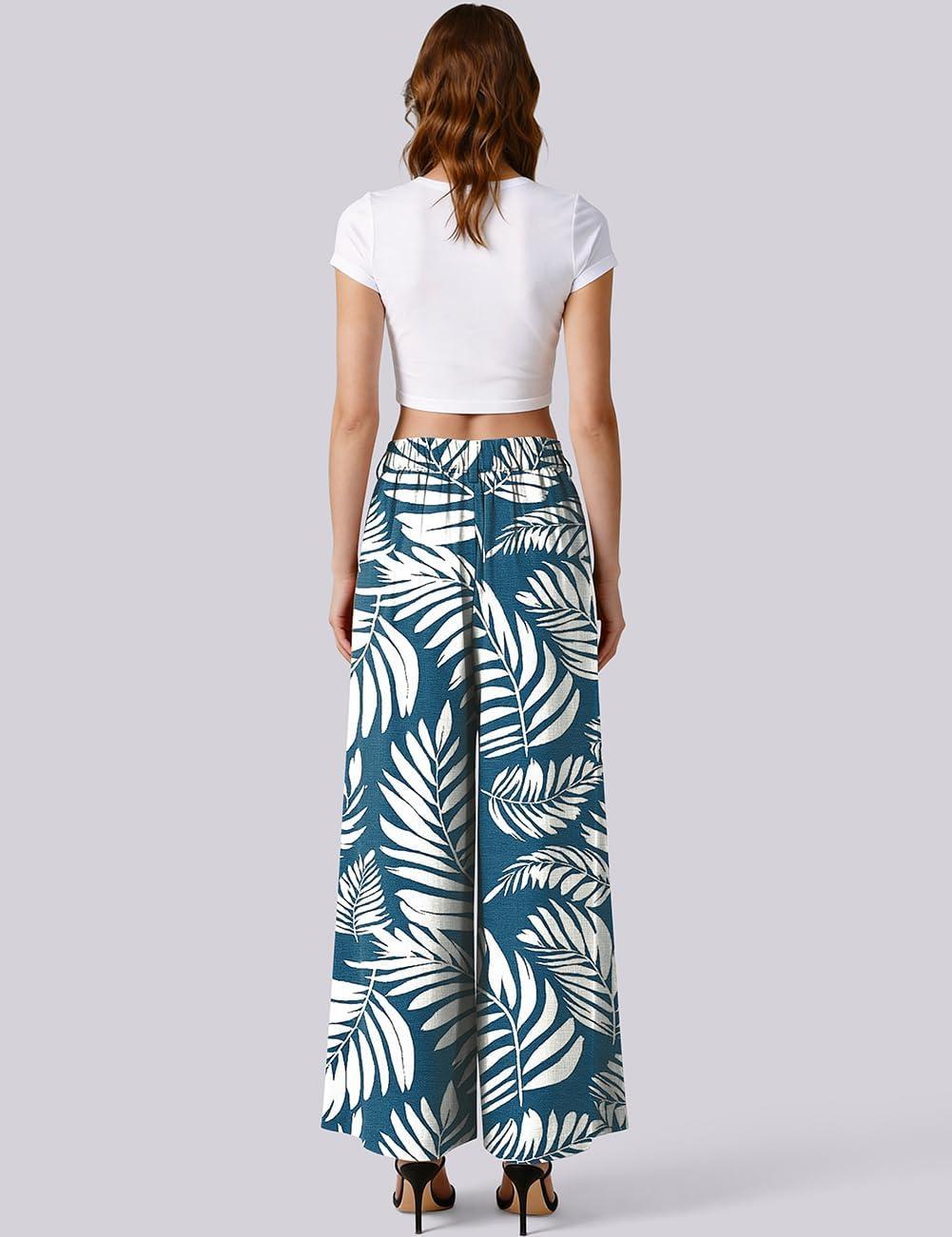 image:imageTARSE Womens High Waisted Linen Palazzo Pants 2026 Wide Leg Printed Pant Woman Flowy Work Casual Trousers with PocketsLeafbluewhite